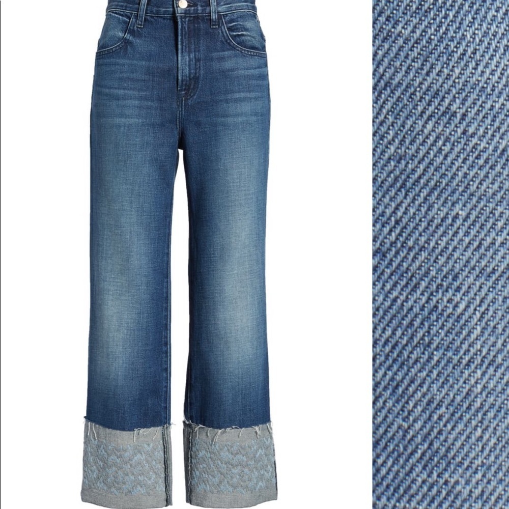 J Brand Midrise Cropped Wide-Leg Jeans in Blue with Light Wash Cuffs - Picture 3 of 9